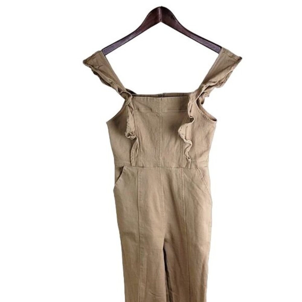 Aqua Women Beige Stretch Square Neck Back-Zip Ruffle Jumpsuit no belt XS $198 - Picture 3 of 12
